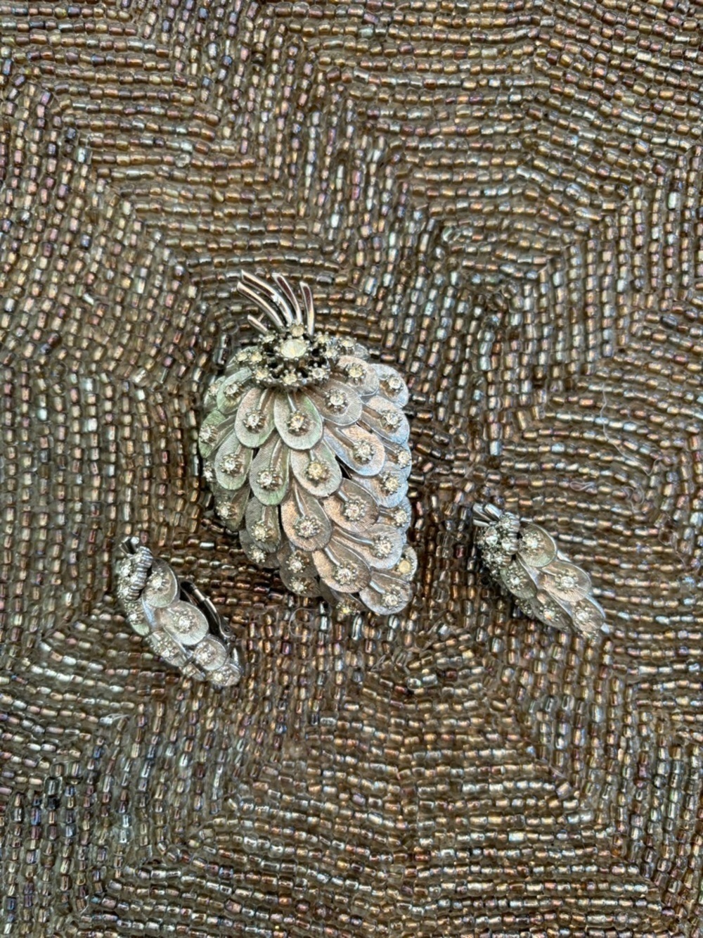 Vintage Crystal Pinecone Brooch and Clip-On Earrings - Silver Tone